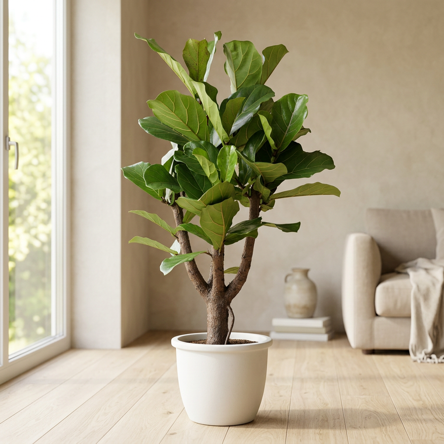 Ficus Lyrata branched in witte keramische pot op eiken vloer bij het raam in een lichte Scandinavische woonkamer