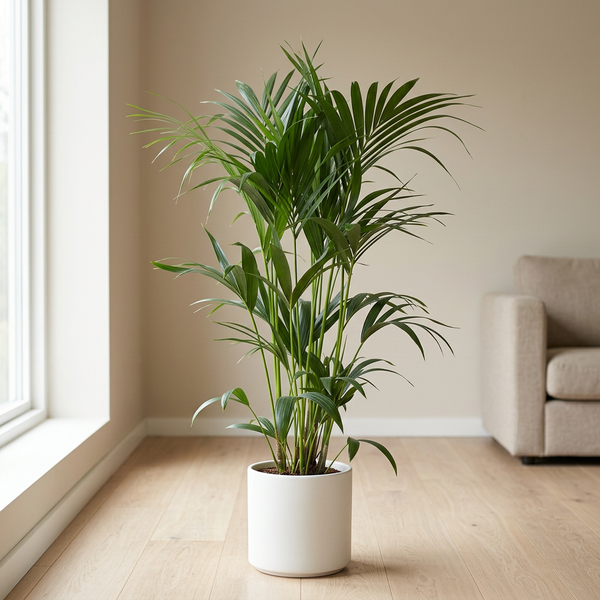Howea Forsteriana kentiapalm in witte keramieken pot op een lichte eiken vloer naast het raam in een Scandinavische woonkamer