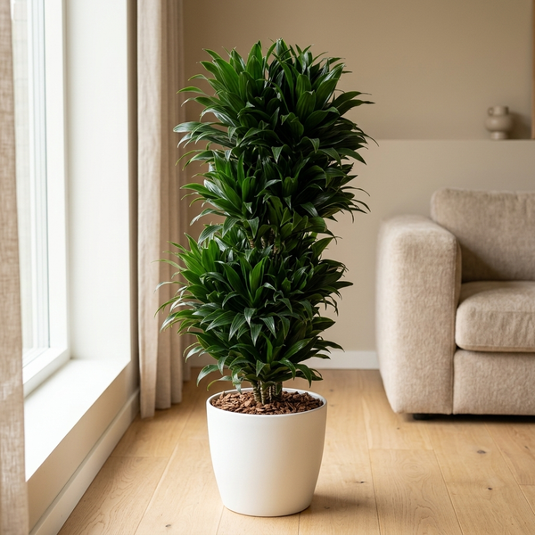 Dracaena Compacta Vertakt in witte pot op een lichte houten vloer naast het raam in een Scandinavische woonkamer