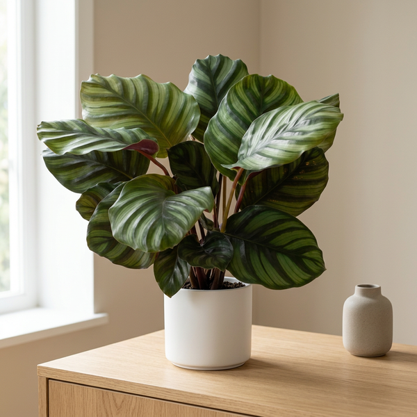 Calathea Fasciata in witte keramieken pot op een eiken dressoir in een lichte Scandinavische woonkamer