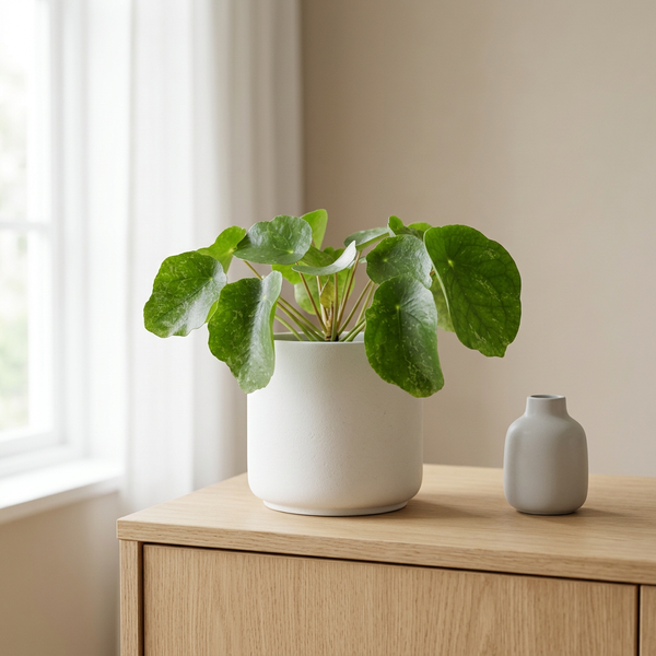 Pilea Sugar in witte keramieken pot op een eiken dressoir in een lichte Scandinavische woonkamer