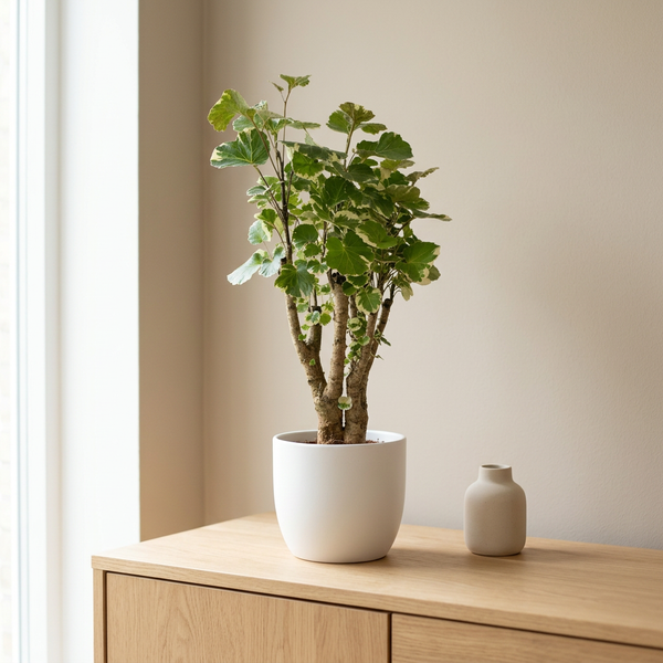 Polyscias Balfouriana in witte keramieken pot op een eiken dressoir in een lichte Scandinavische woonkamer