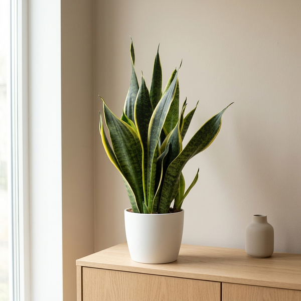 Sansevieria Futura Superba in witte keramieken pot op een eiken dressoir in een lichte Scandinavische woonkamer