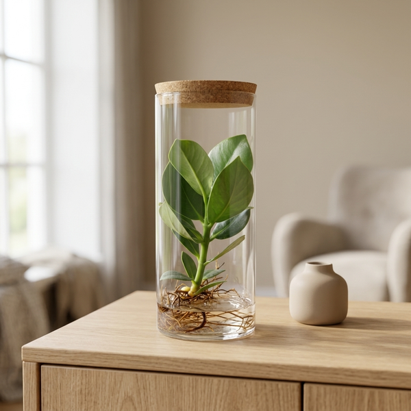 Clusia in tube glas met kurk op een eiken dressoir in een lichte Scandinavische woonkamer