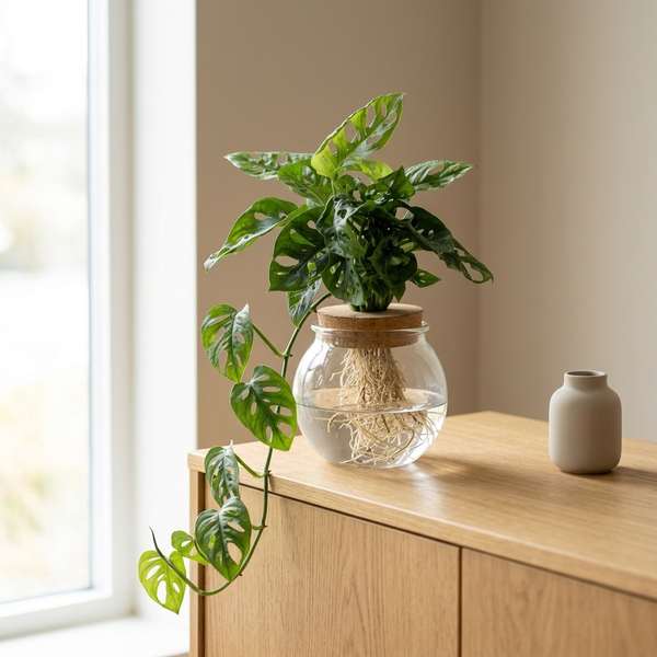 Monstera Adansonii in bolglas met klikkurk op een eiken dressoir in een lichte Scandinavische woonkamer
