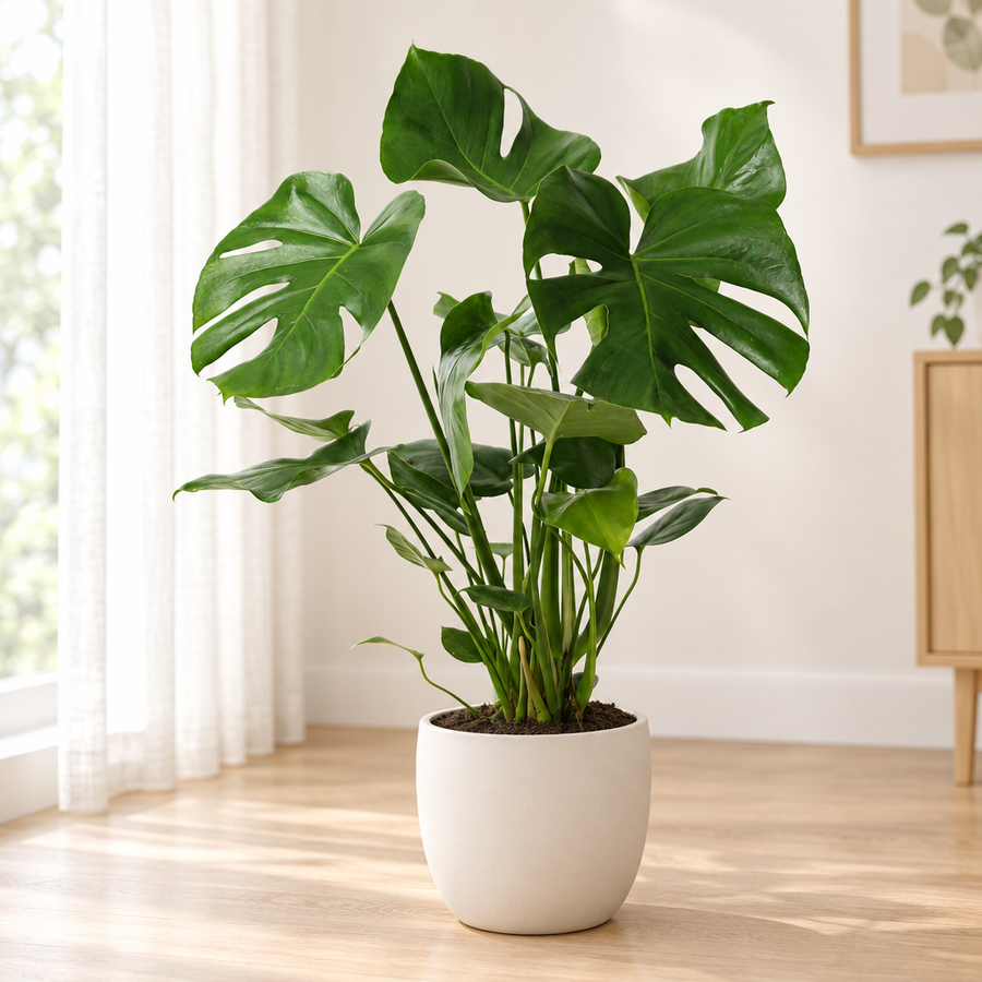 Monstera Deliciosa van 60 cm in een crèmewitte keramieken pot op een houten vloer in een lichte woonkamer