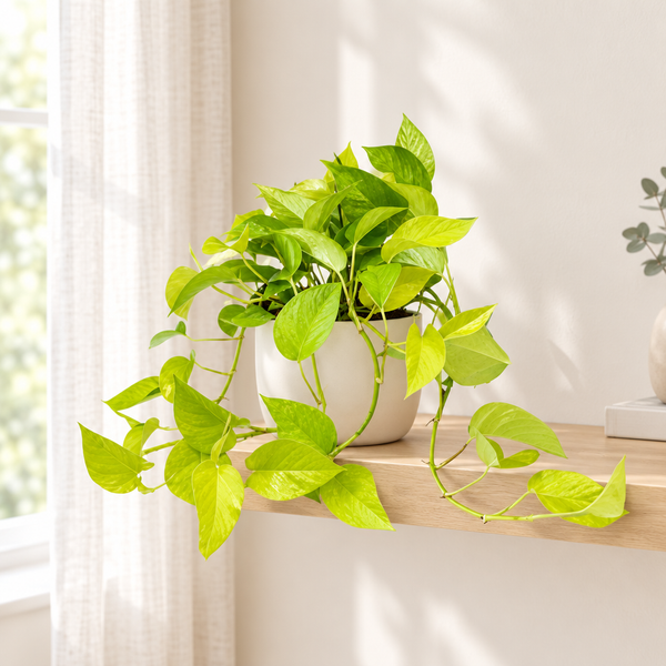 Epipremnum Golden Pothos met hangende ranken in een crèmewitte keramieken pot op een eiken wandplank