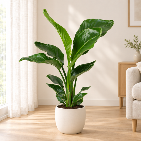 Strelitzia Nicolai paradijsvogelplant van 70 cm in een crèmewitte keramieken pot in een lichte woonkamer