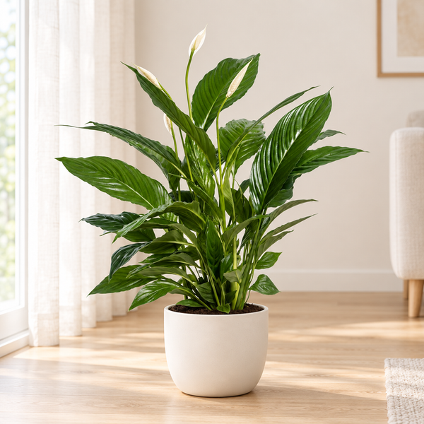 Spathiphyllum Vivaldi lepelplant met witte bloemen in een crèmewitte keramieken pot op een houten vloer
