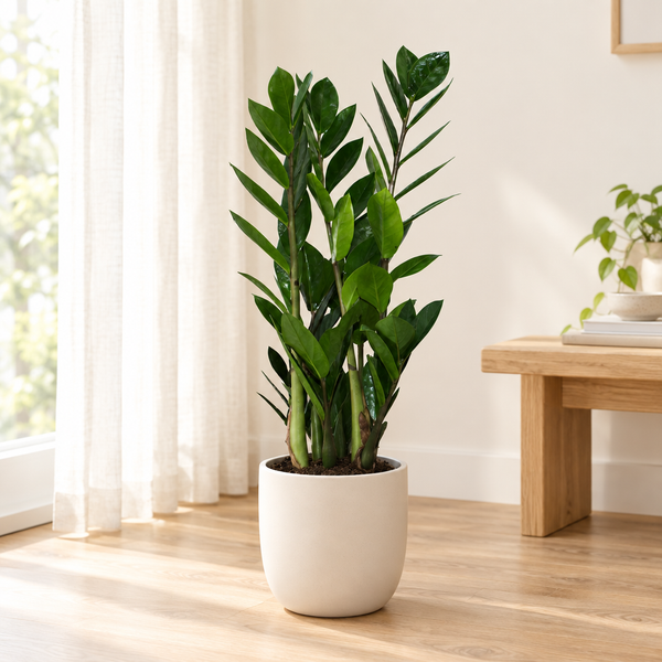 Zamioculcas Zamiifolia ZZ-plant van 55 cm in een crèmewitte keramieken pot op een houten vloer