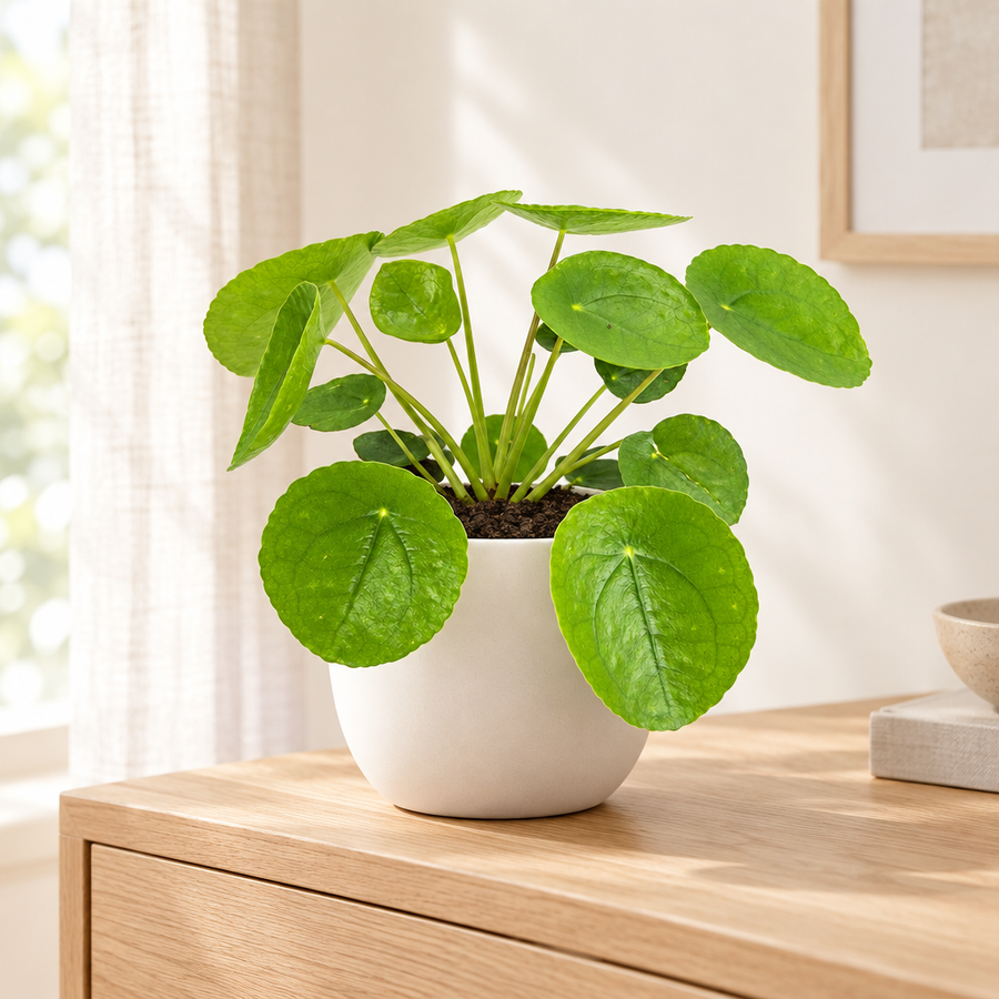 Pilea Peperomioides pannenkoekplant in een crèmewitte keramieken pot op een eiken dressoir