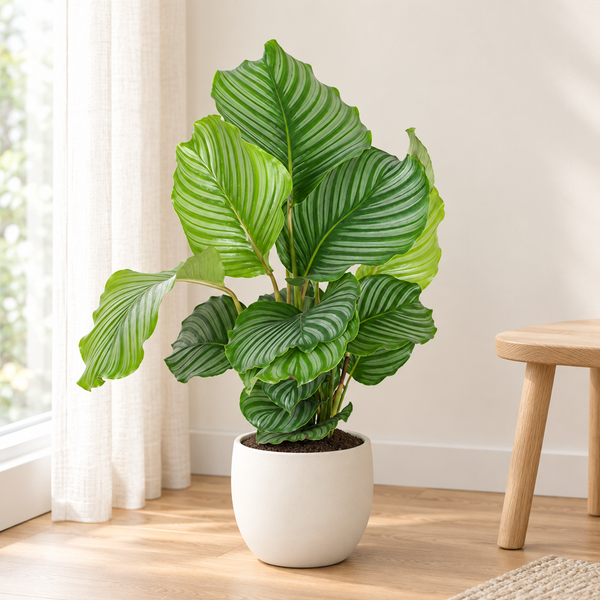 Calathea Orbifolia met grote gestreepte bladeren in een crèmewitte keramieken pot op een houten vloer