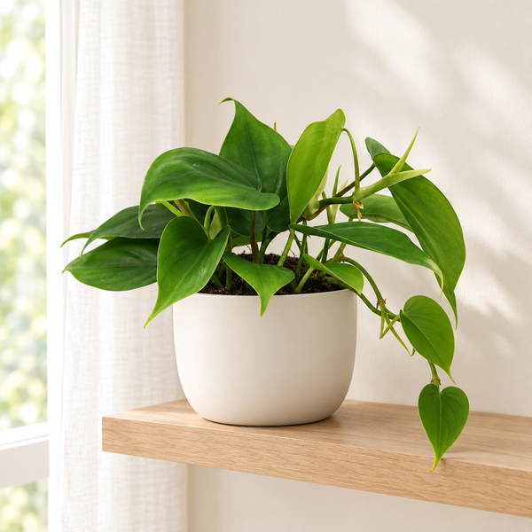 Philodendron Scandens hartjesplant met hangende ranken in een crèmewitte keramieken pot op een eiken wandplank
