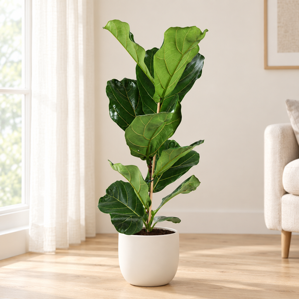 Ficus Lyrata vioolbladplant van 60 cm in een crèmewitte keramieken pot in een lichte woonkamer