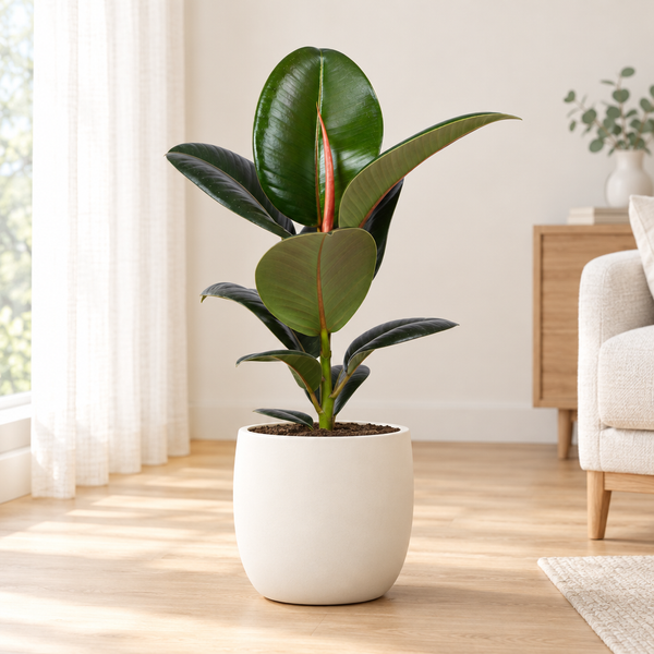 Ficus Elastica Robusta rubberplant in een crèmewitte keramieken pot op een houten vloer