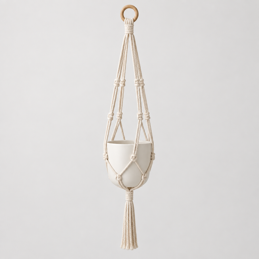 Hangpot Katoenkoord Naturel, witte sierpot in een macramé hanger van katoenkoord