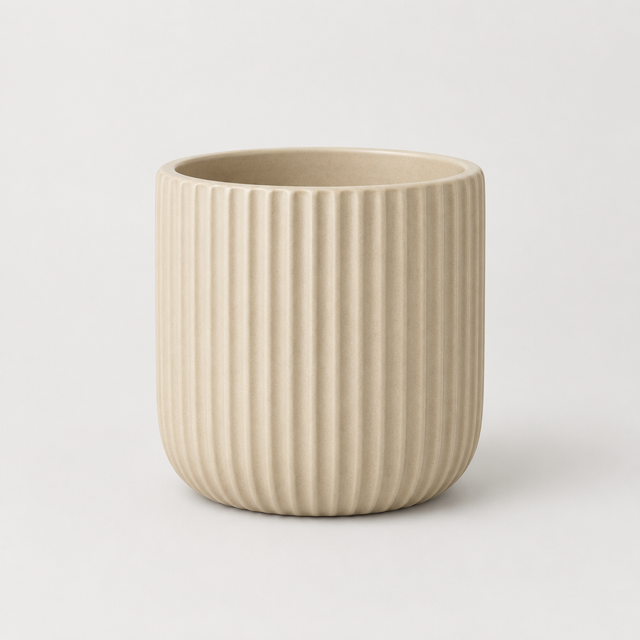Sierpot Ribbel Beige, beige keramieken sierpot met geribbeld reliëf