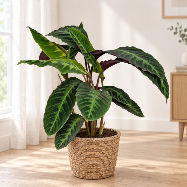 Calathea Warscewiczii pauwplant in een gevlochten zeegras mand op een eiken vloer in een lichte woonkamer