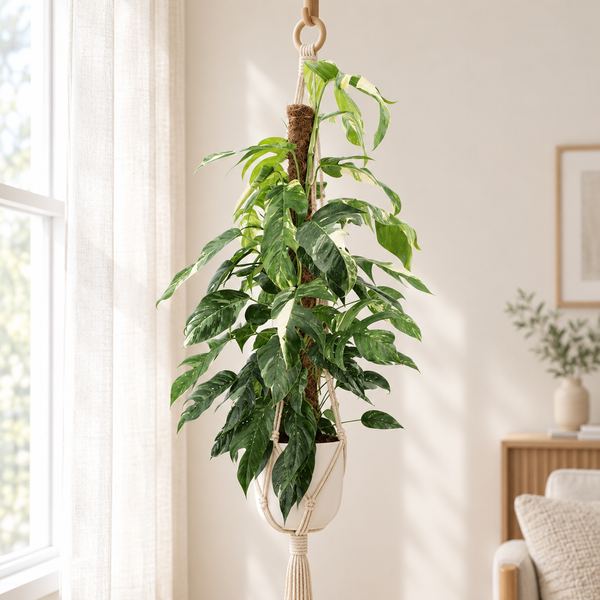 Epipremnum Pinnatum Albo Variegata in een crèmewitte pot in een macramé hanger bij het raam