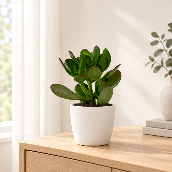 Vetplantenmix in een matwitte keramische pot op een eiken dressoir in een lichte woonkamer