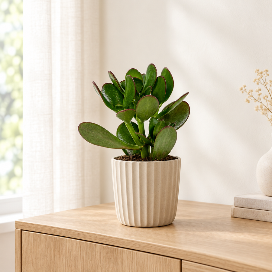 Vetplantenmix in een beige geribbelde sierpot op een eiken dressoir in een lichte woonkamer