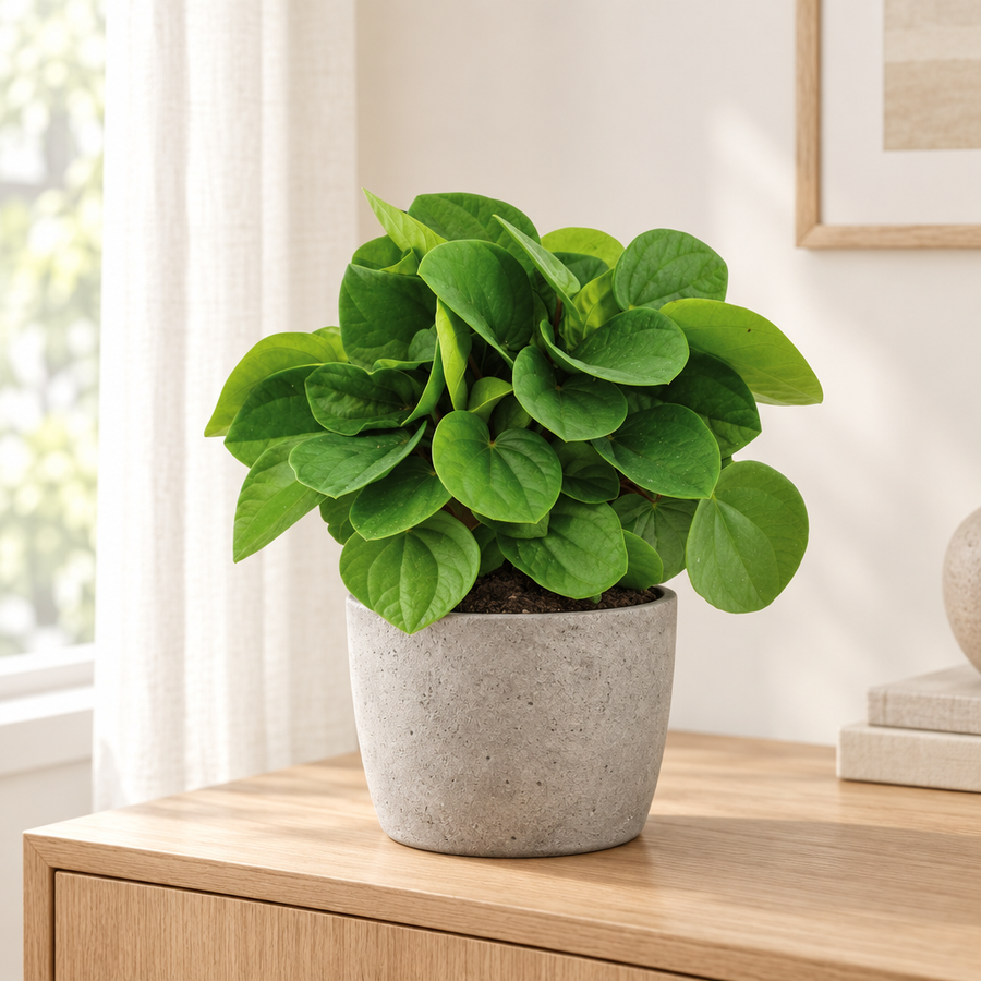Peperomia Rana Verde in een grijze betonlook pot op een licht eikenhouten dressoir