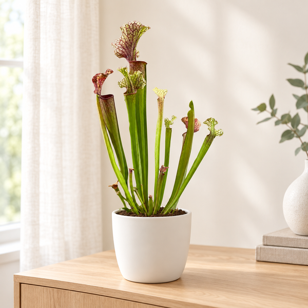 Sarracenia Judith Hindle in een matwitte keramieken pot op een licht eikenhouten dressoir