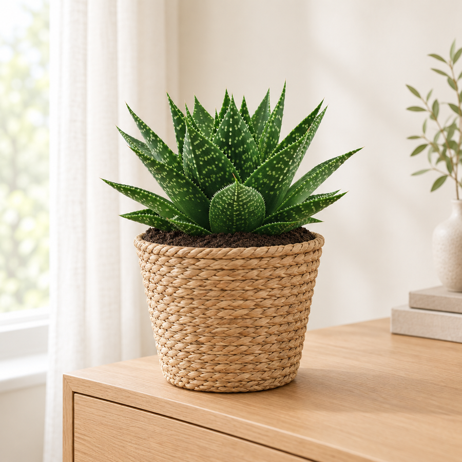 Gasteria Hybride Aurora in een naturel zeegras mand op een licht eikenhouten dressoir