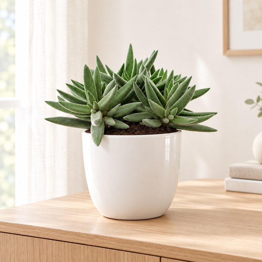 Crassula Tenelli in een hoogglans witte keramieken pot op een licht eikenhouten dressoir
