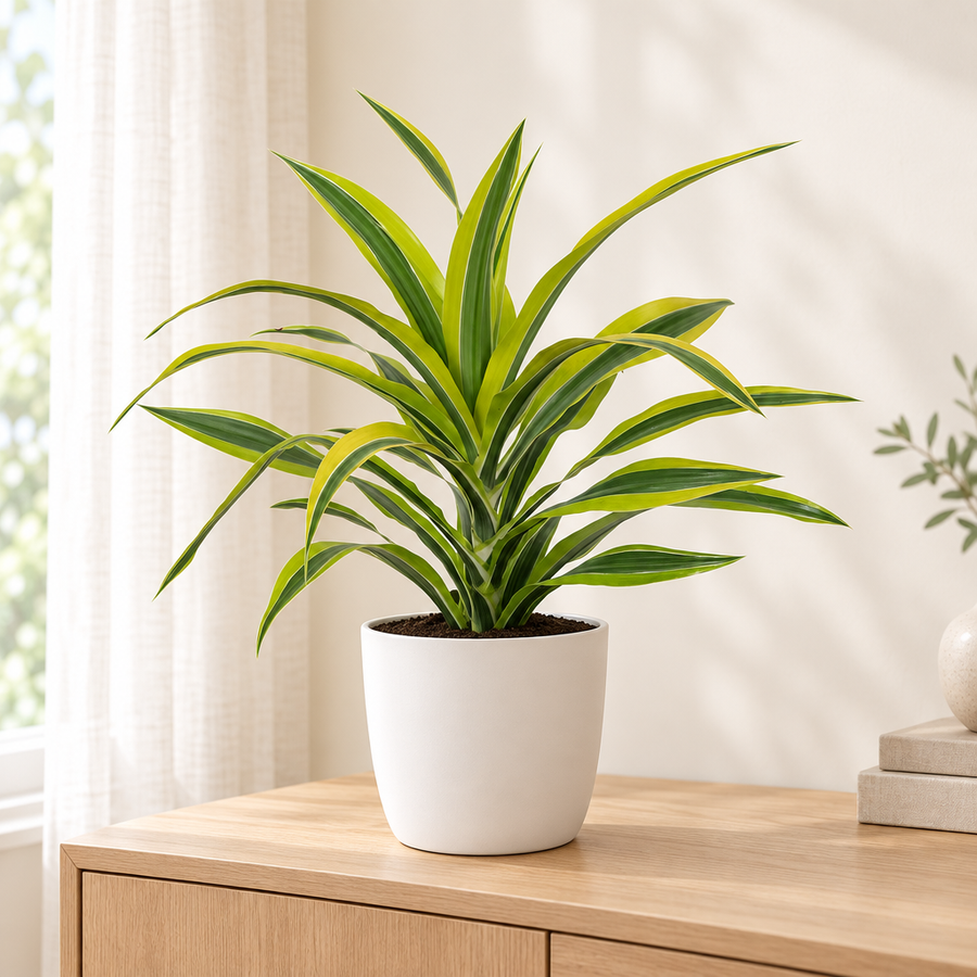 Dracaena Fragrans Lemon Lime in een matwitte keramieken pot op een licht eikenhouten dressoir