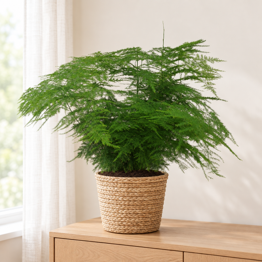 Asparagus Setaceus in een gevlochten zeegras mand op een licht eiken dressoir in een lichte woonkamer