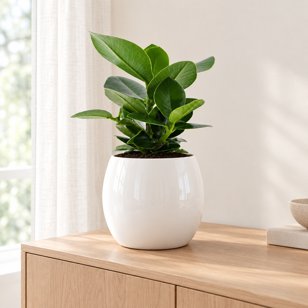 Clusia in een hoogglans witte sierpot op een licht eiken dressoir in een lichte woonkamer