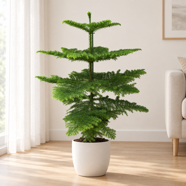 Araucaria Heterophylla in een matte witte keramieken sierpot op een licht eiken houten vloer in een lichte woonkamer