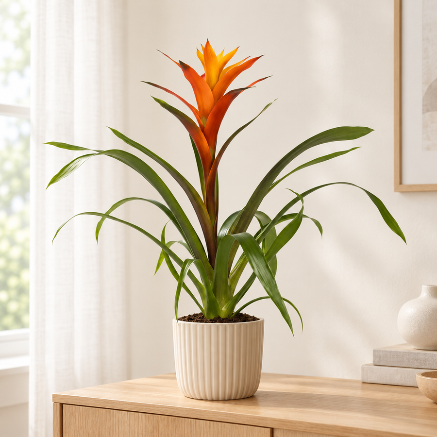 Guzmania Variada in een beige geribbelde sierpot op een licht eiken dressoir in een lichte woonkamer
