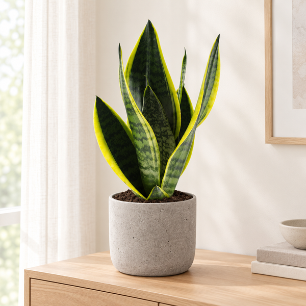 Sansevieria Futura Superba in een grijze betonlook sierpot op een licht eiken dressoir in een lichte woonkamer
