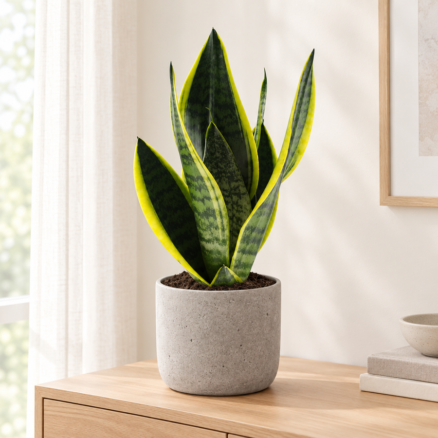 Sansevieria Futura Superba in een grijze betonlook sierpot op een licht eiken dressoir in een lichte woonkamer