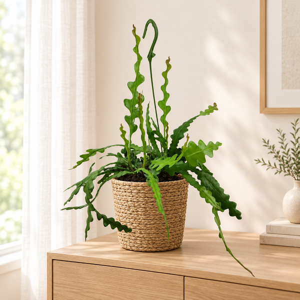 Epiphyllum Anguliger in een gevlochten zeegras mand op een licht eiken dressoir in een lichte woonkamer