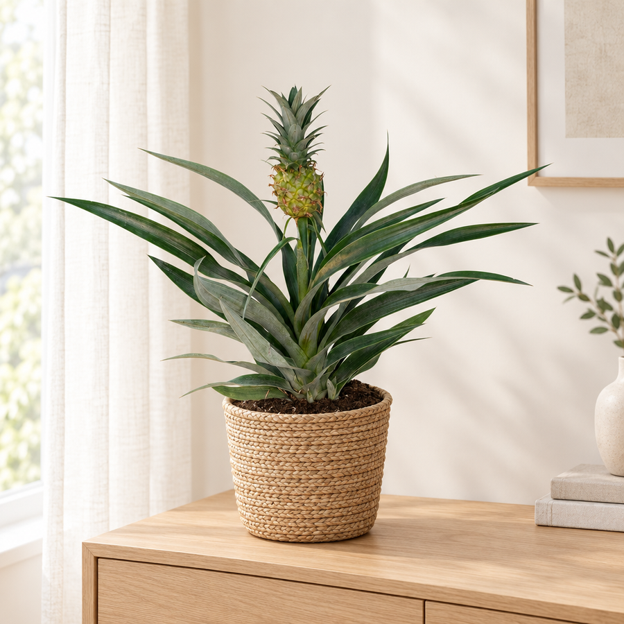 Bromelia Pineapple in een gevlochten zeegras mand op een licht eiken dressoir in een lichte woonkamer