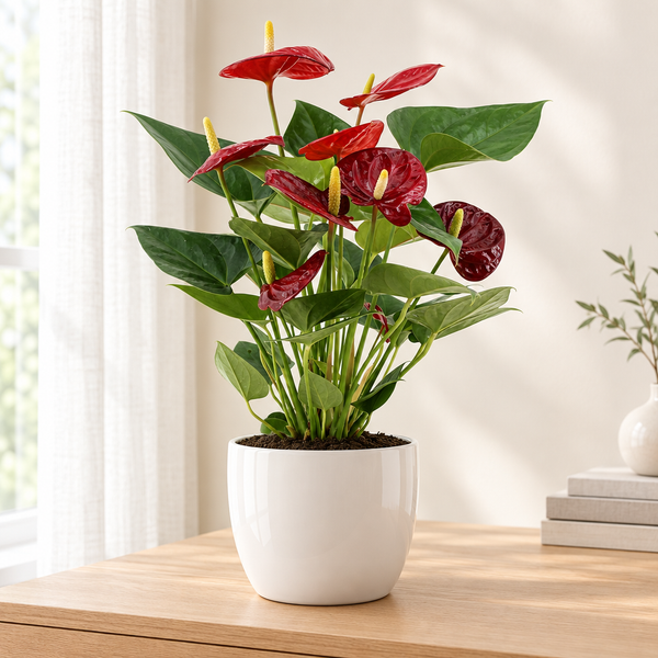 Anthurium Calon in een hoogglans witte keramieken pot op een licht eiken dressoir in een lichte woonkamer