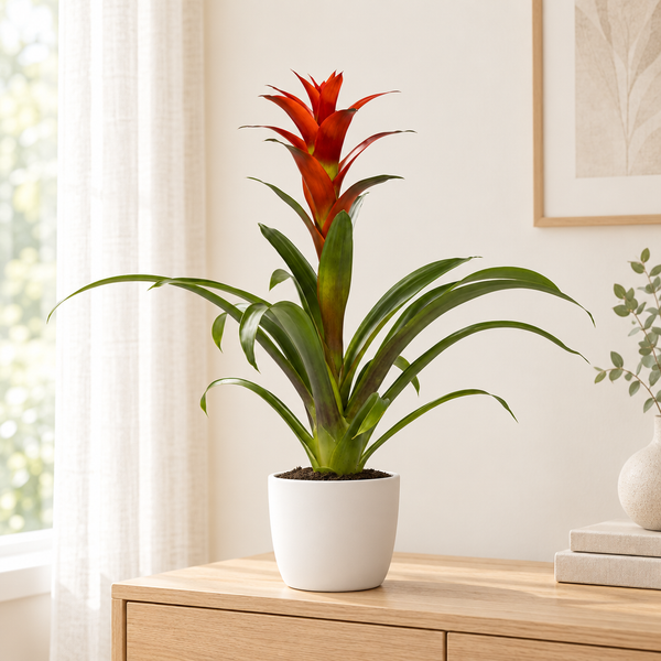 Guzmania Ostara in een matwitte keramieken pot op een licht eiken dressoir in een lichte woonkamer