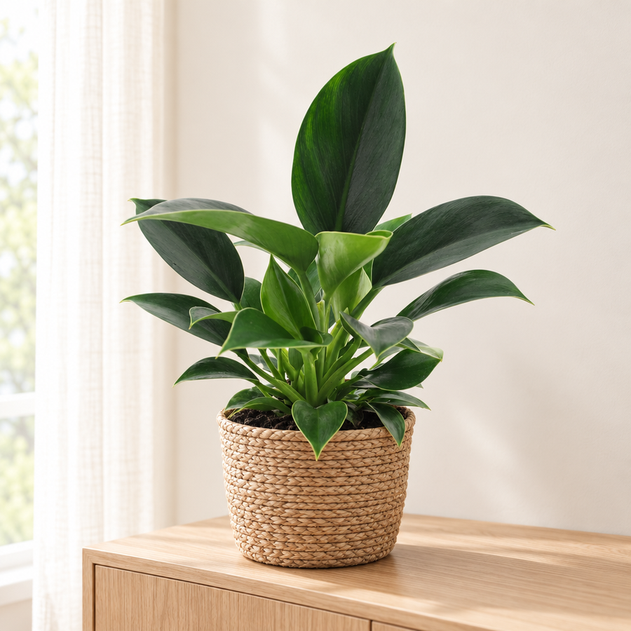 Philodendron Green Princess in een gevlochten zeegras mand op een licht eiken dressoir in een lichte woonkamer