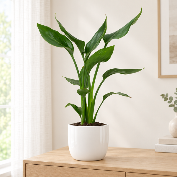 Strelitzia Reginae in een hoogglans witte keramieken pot op een licht eiken dressoir in een lichte woonkamer