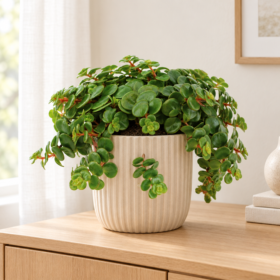 Sedum Tornado in een beige geribbelde sierpot op een eiken dressoir in een lichte woonkamer