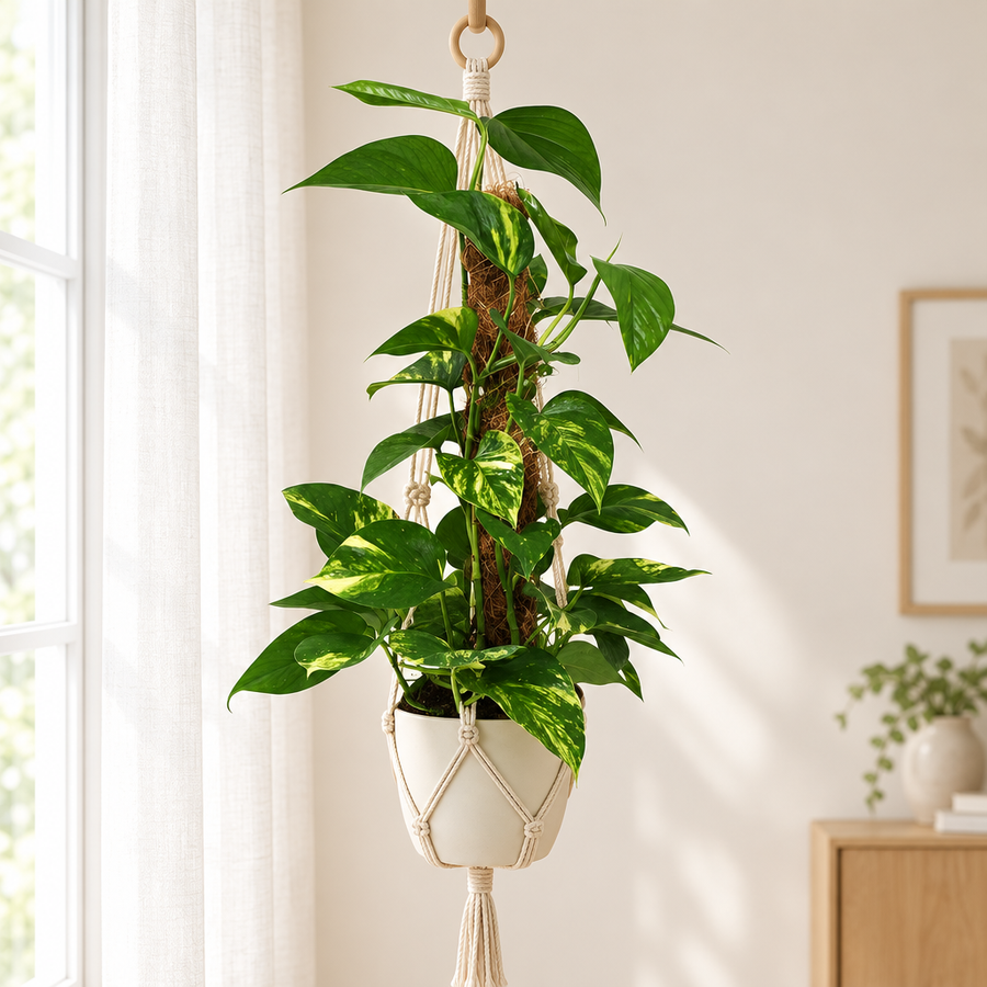 Scindapsus Epipremnum in een crèmewitte pot in een macramé hanger bij het raam