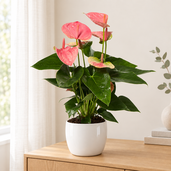 Anthurium Sweet Dream in een hoogglans witte keramische pot op een eiken dressoir in een lichte woonkamer
