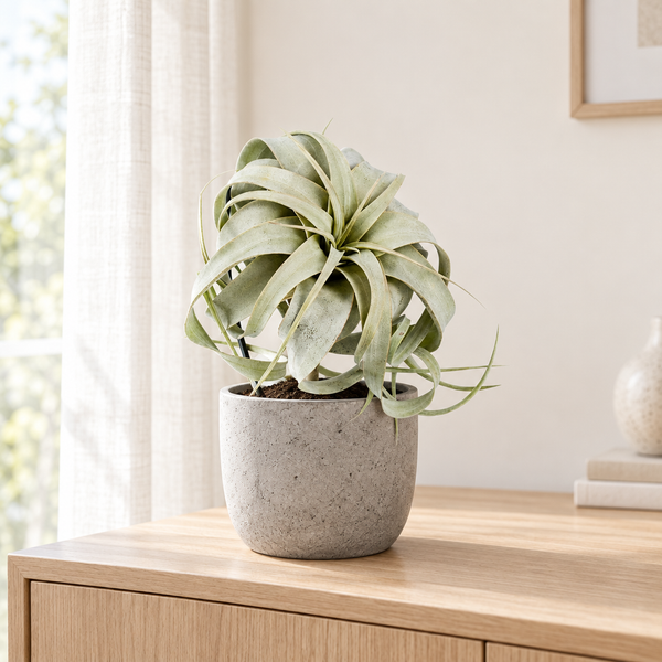 Tillandsia King Xero in een grijze betonlook sierpot in een lichte woonkamer