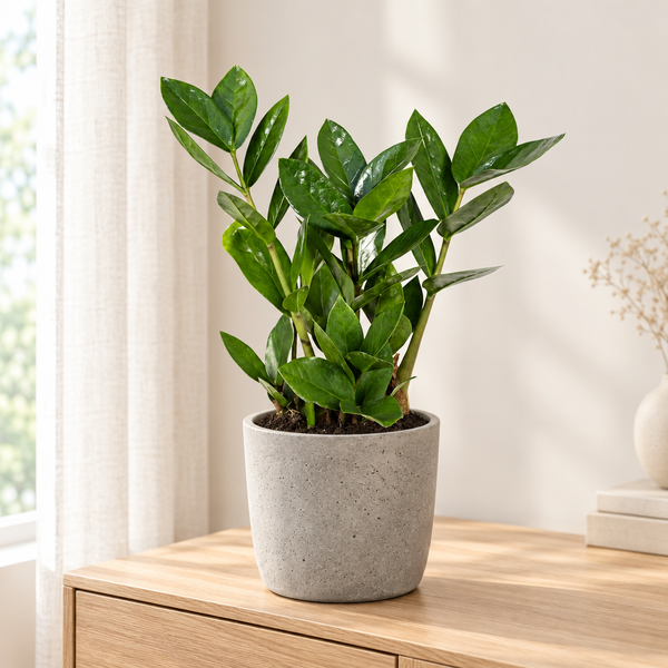 Zamioculas in een grijze betonlook plantenpot op een eiken dressoir