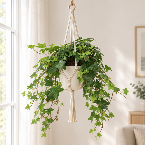Hedera Helix Groen in een crèmewitte hangpot met macramé houder bij een raam
