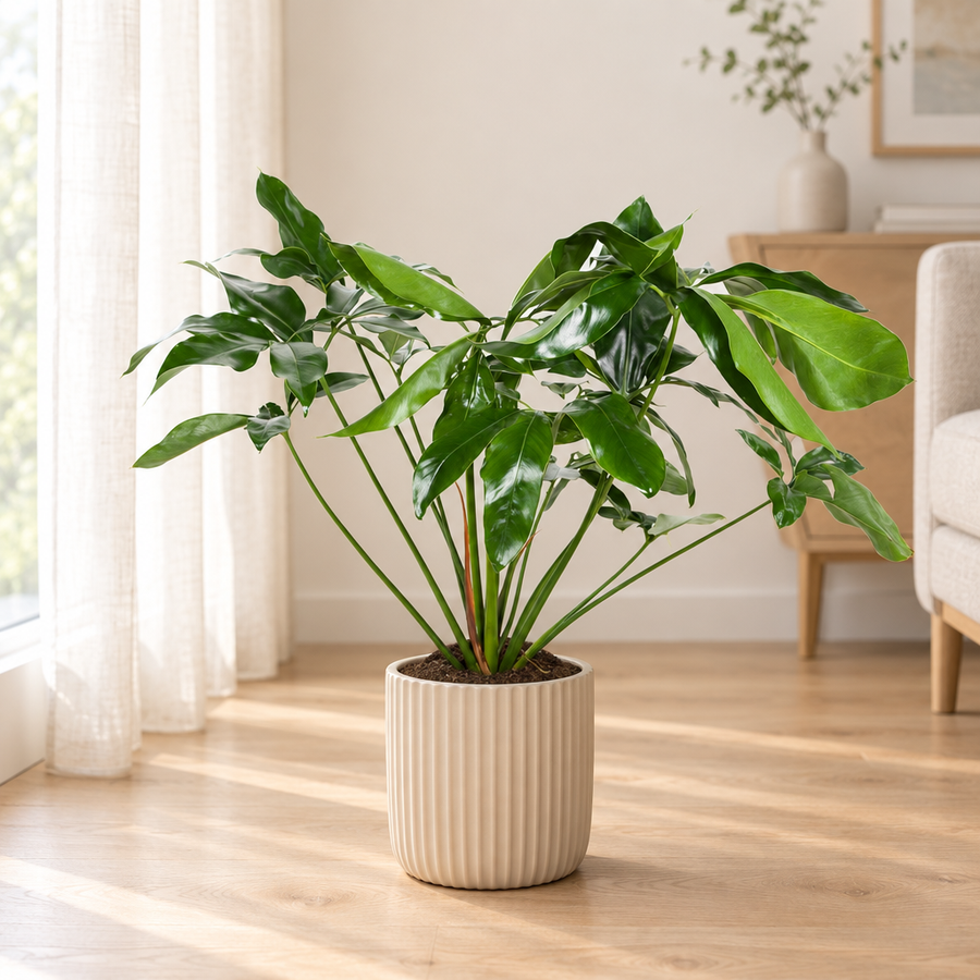 Philodendron Green Wonder in een beige geribbelde sierpot op een lichte eiken vloer
