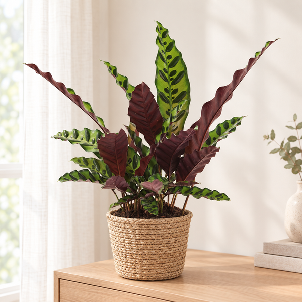 Calathea Insignis in een naturel zeegras mand op een licht eikenhouten dressoir